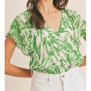 Habit Paint It Green Body Suit Size Small Flutter Sleeve Mock Wrap Top Loose